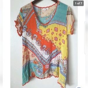 LOVE‎ KYLA Women's Floral Short Sleeve Scoop Neck Viscose Sharkbite Hem Tunic M